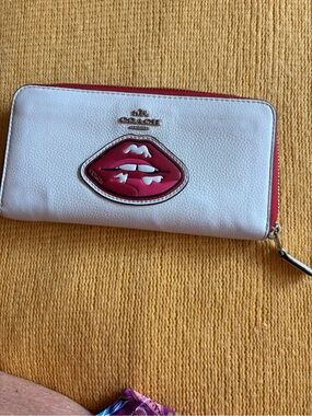 Coach White Leather Zip Wallet with Red Lip Patch and Red Trim